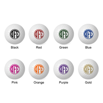 Set of custom printed golf balls displaying personalised names and monograms in multiple colours — perfect personalised golf ball gifts for dads, husbands and avid golfers