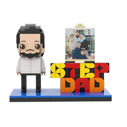 Personalised full-body stepdad building block figure with custom photo — front view showing lifelike facial print, clothing detail and pose; perfect Father's Day personalised photo gift