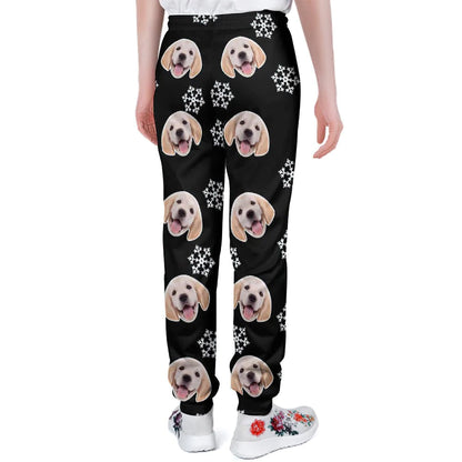 Flat lay of Personalised Dog Face Christmas Sweatpants — custom pet‑face artwork styled as a unique anniversary or Valentine’s Day gift