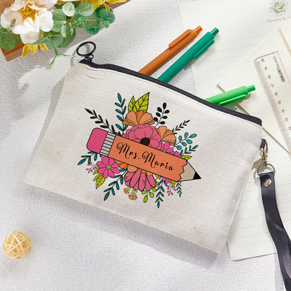 Personalised pouch in hand showing scale, perfect size 22.5 x 15 cm for pencils and cosmetics