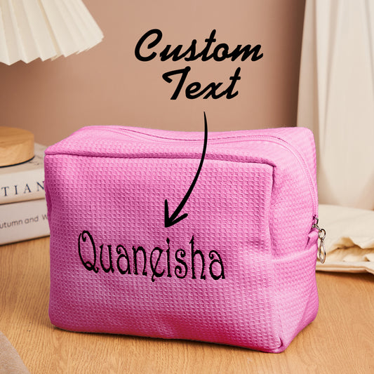 Personalised waffle make-up bag with embroidered name, stylish waffle cosmetic organiser and gift for her
