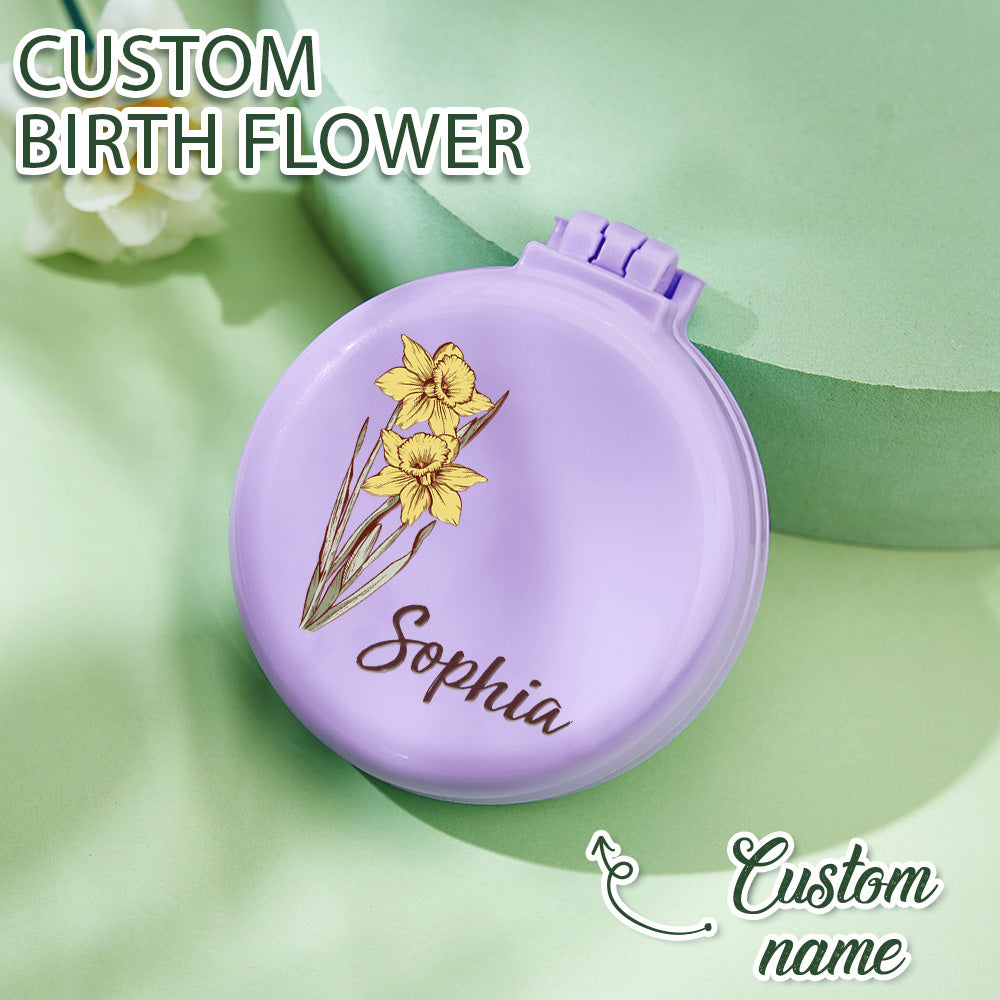 Personalised Birth Flower Cushion Mirror Comb with Hair Brush | Custom Name Gift