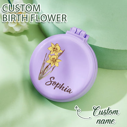 Personalised Birth Flower Cushion Mirror Comb with Hair Brush | Custom Name Gift