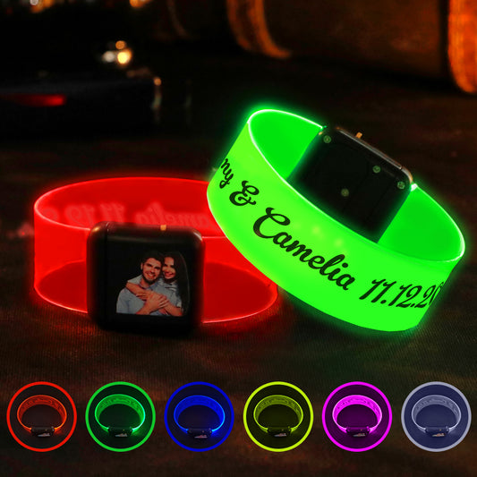 Personalised photo LED glow bracelet with custom image lit brightly — ideal customisable party favour for weddings and birthdays