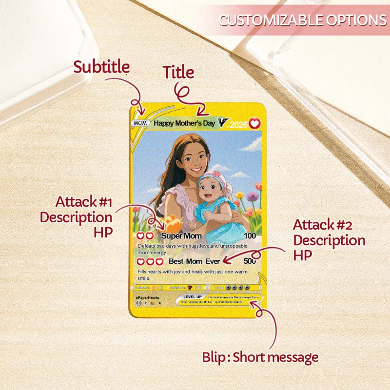 Custom Mother's Day Poke Card – personalised anime-inspired portrait of Mum printed on glossy stainless steel (W11×H7.3 cm), ideal personalised photo gift