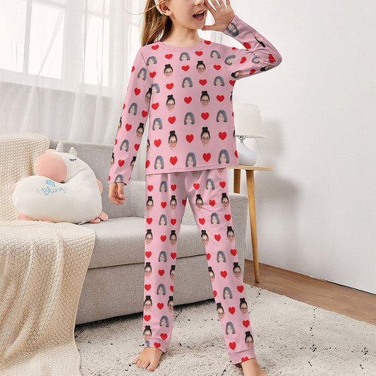 Front view of personalised two‑face long‑sleeve children's pyjama set with custom face print — perfect personalised photo gift for girls