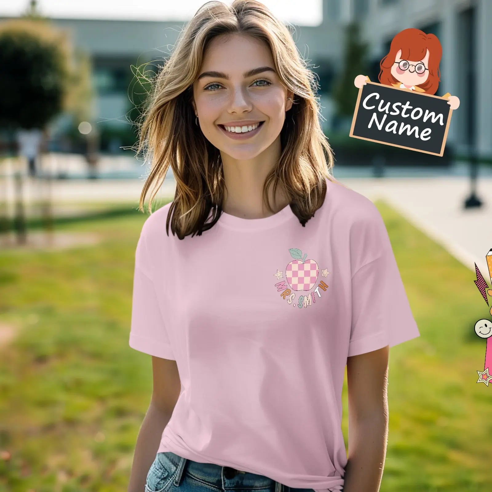 Back view of model wearing personalised 'In My Teacher Era' tee with custom name – stylish teacher gift idea
