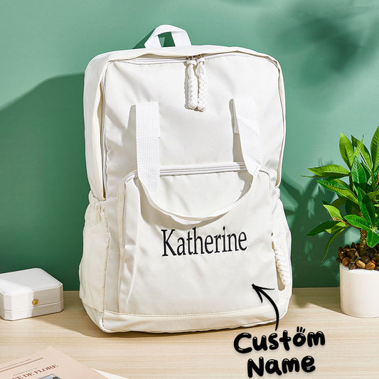 Front view of personalised name embroidered backpack in durable nylon — a stylish custom travel bag gift for friends with spacious main compartment and zip closures