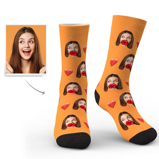 Personalised custom face socks featuring a close-up portrait with heart and red lips graphic — unisex photo socks with vivid, fade-resistant print