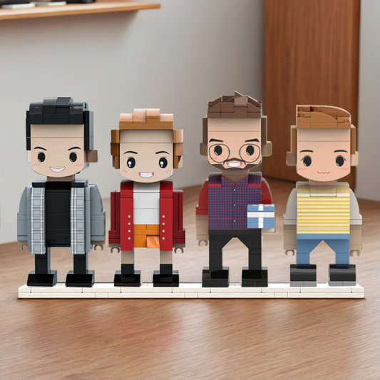 Customisable full-body photo brick figures of up to 4 people — personalised small-block keepsake made from photos, displayed as a group