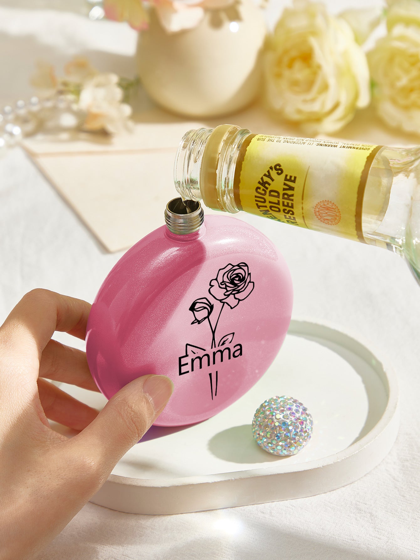 Personalised Birth Flower Name Glitter Flask - 5oz Engraved Gift for Her