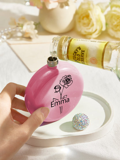 Personalised Birth Flower Name Glitter Flask - 5oz Engraved Gift for Her
