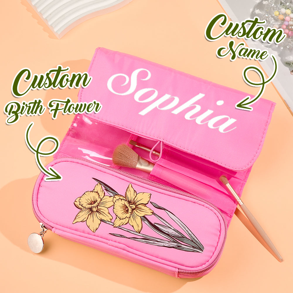 Personalised birth flower make-up brush bag with printed name and floral motif — nylon custom cosmetic pouch, ideal birthday gift for her