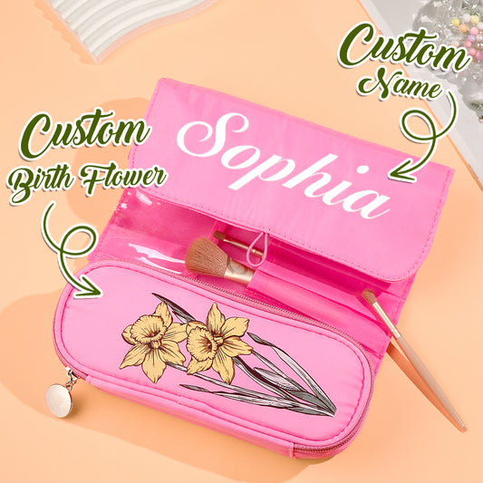 Personalised birth flower make-up brush bag with printed name and floral motif — nylon custom cosmetic pouch, ideal birthday gift for her