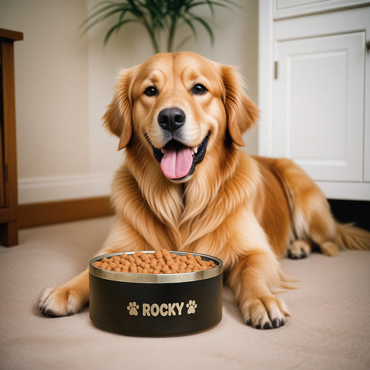 Personalised stainless steel dog bowl 32oz (950ml) with engraved name – front view of non-slip pet water dish