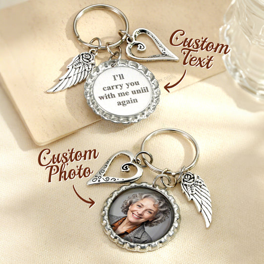 Personalised Photo Heart Wing Keychain – circular alloy pendant with heart and wings, photo insert and engraved custom text, memorial keepsake