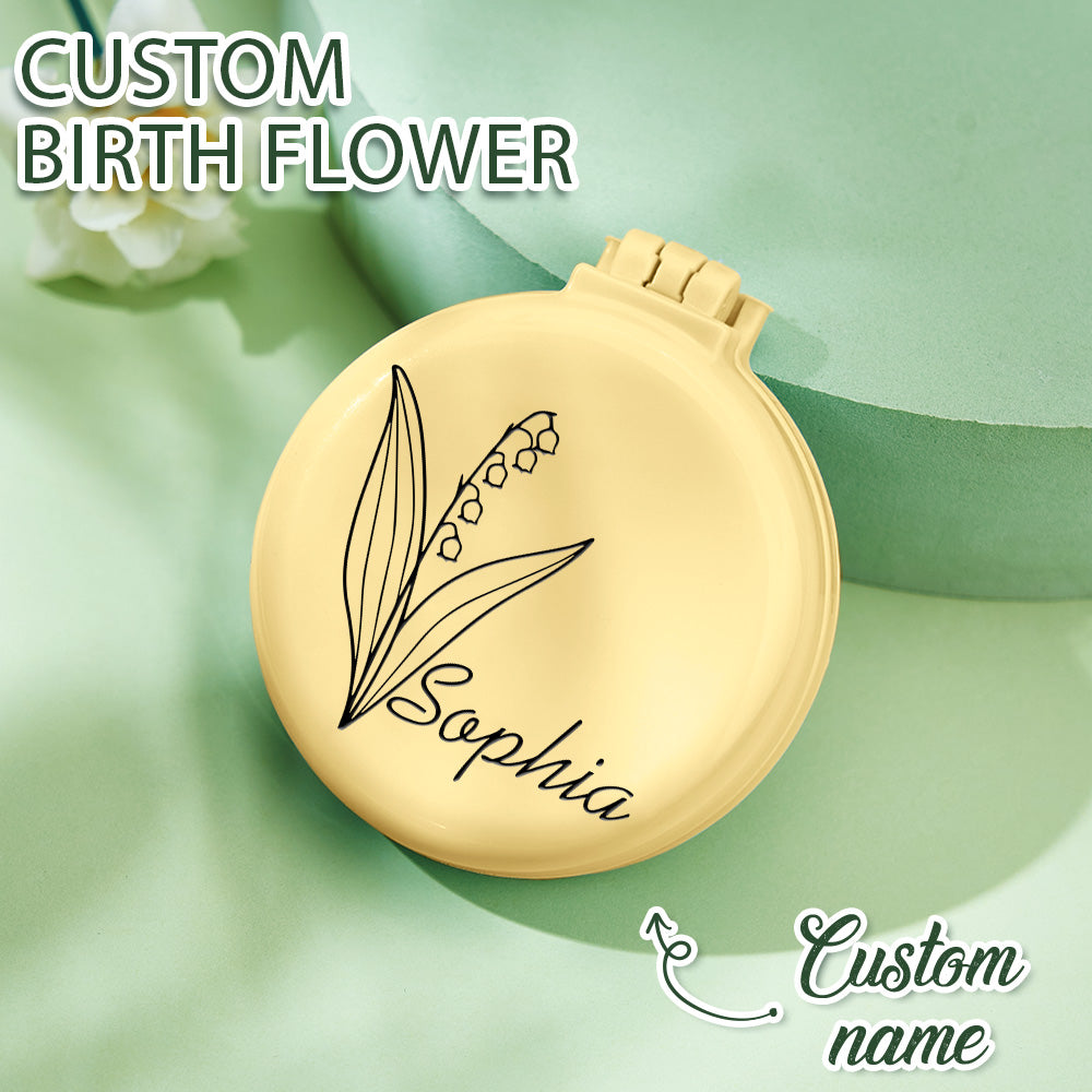 Personalised Foldable Mirror with Hair Brushes | Mini Birth Flower Cushion Mirror Comb Gift