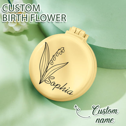 Personalised Foldable Mirror with Hair Brushes | Mini Birth Flower Cushion Mirror Comb Gift