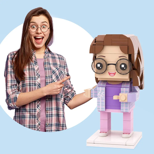 Personalised full‑body brick figure from photo (1 person) – front view of custom mini block toy capturing hairstyle, facial expression and outfit as a keepsake gift