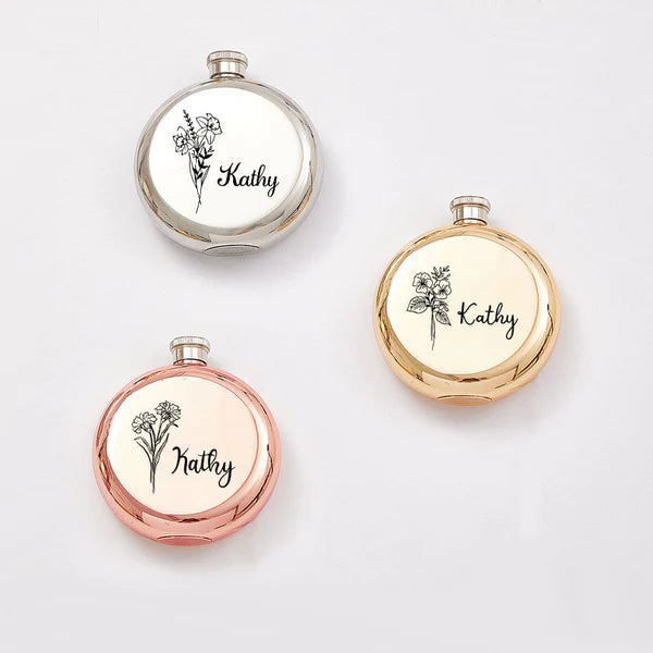 Personalised Name Flask with Birth Flower - Custom Bridesmaid Gift