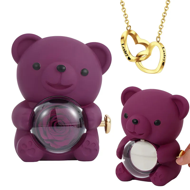 Romantic red rose bear displayed with personalised engraved necklace — ideal anniversary or Valentine's Day gift for wife or girlfriend