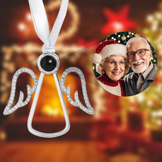 Personalised angel photo projection ornament – handcrafted alloy angel with built-in projection lens displaying a custom photo; perfect personalised Christmas gift, memorial keepsake or Mother’s Day present