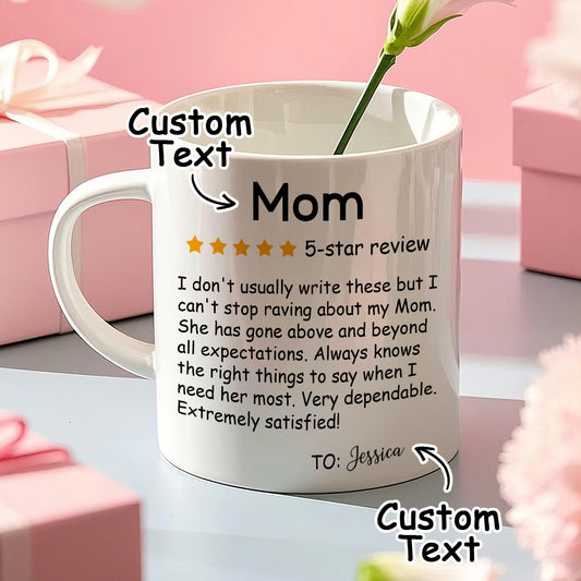 Personalised Five-Star Review ceramic coffee mug with name 'Mum' — custom 11oz/15oz gift for Mum
