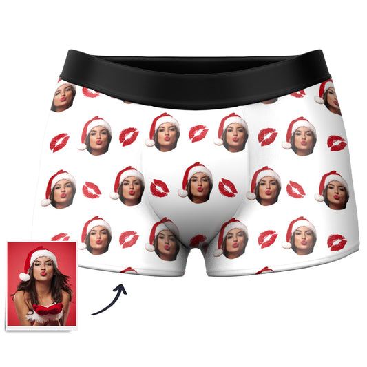 Personalised face boxers with a Christmas hat photo print — custom printed underwear, novelty personalised gift for him or her