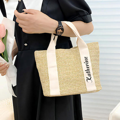 Compact personalised beach tote holding sunglasses and sunscreen — practical bridesmaid bag for seaside days