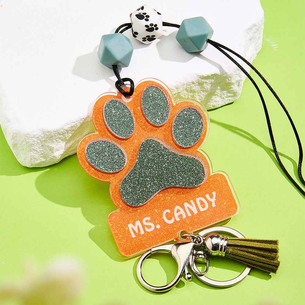 Personalized Glitter Paw ID Badge Lanyard with Text Beads Tassels Badge Lanyard Gift for Teacher Pet Lover