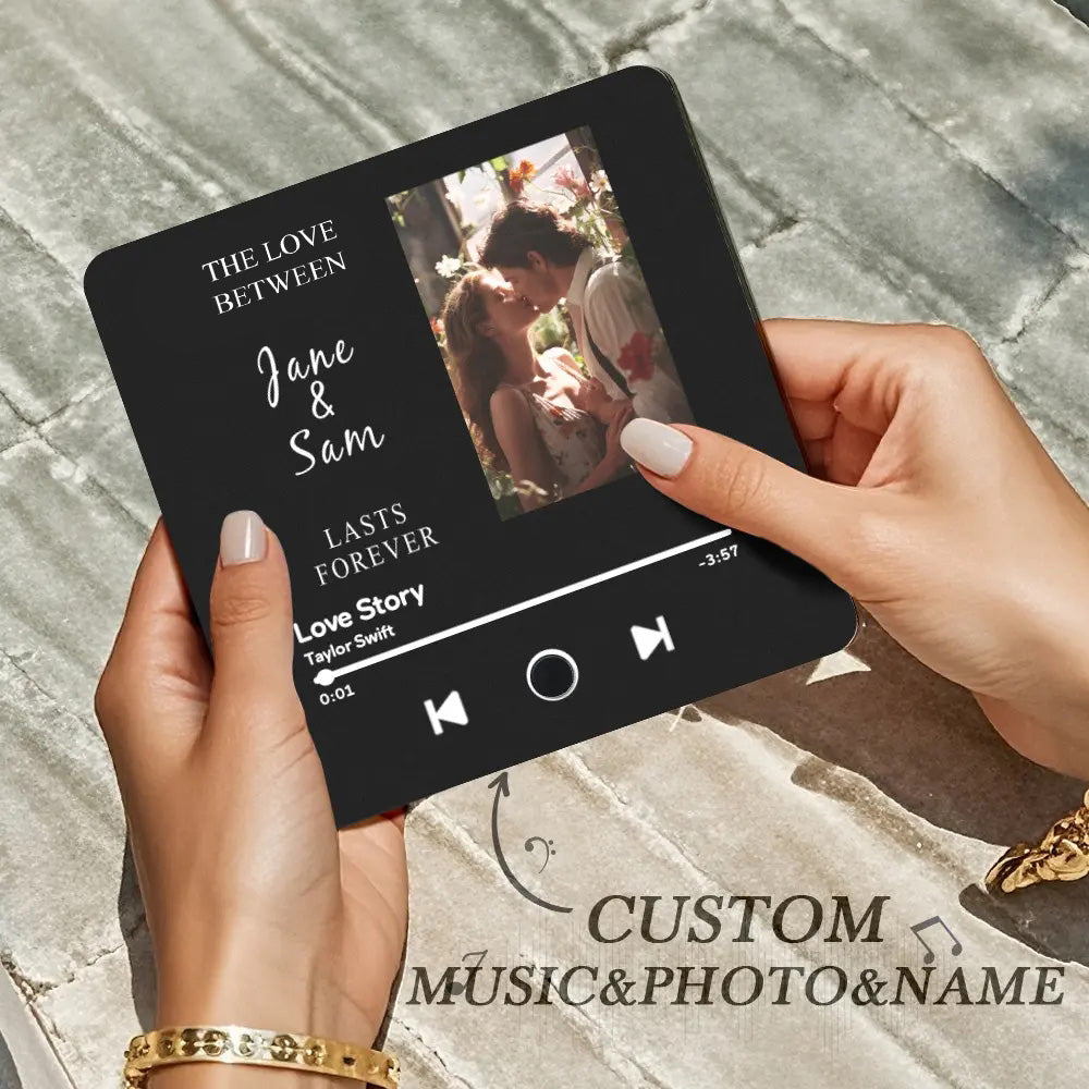 Personalised Music Fridge Magnet — engraved acrylic album-style magnet with photo and custom text, plays a chosen song; perfect personalised gift for her