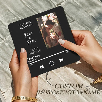 Personalised Music Fridge Magnet — engraved acrylic album-style magnet with photo and custom text, plays a chosen song; perfect personalised gift for her
