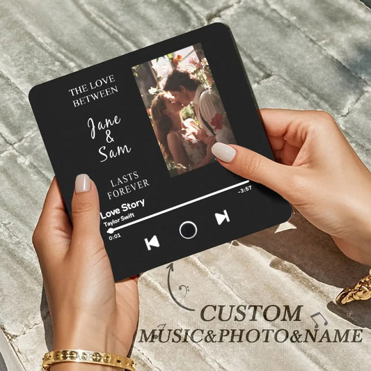 Personalised Music Fridge Magnet — engraved acrylic album-style magnet with photo and custom text, plays a chosen song; perfect personalised gift for her