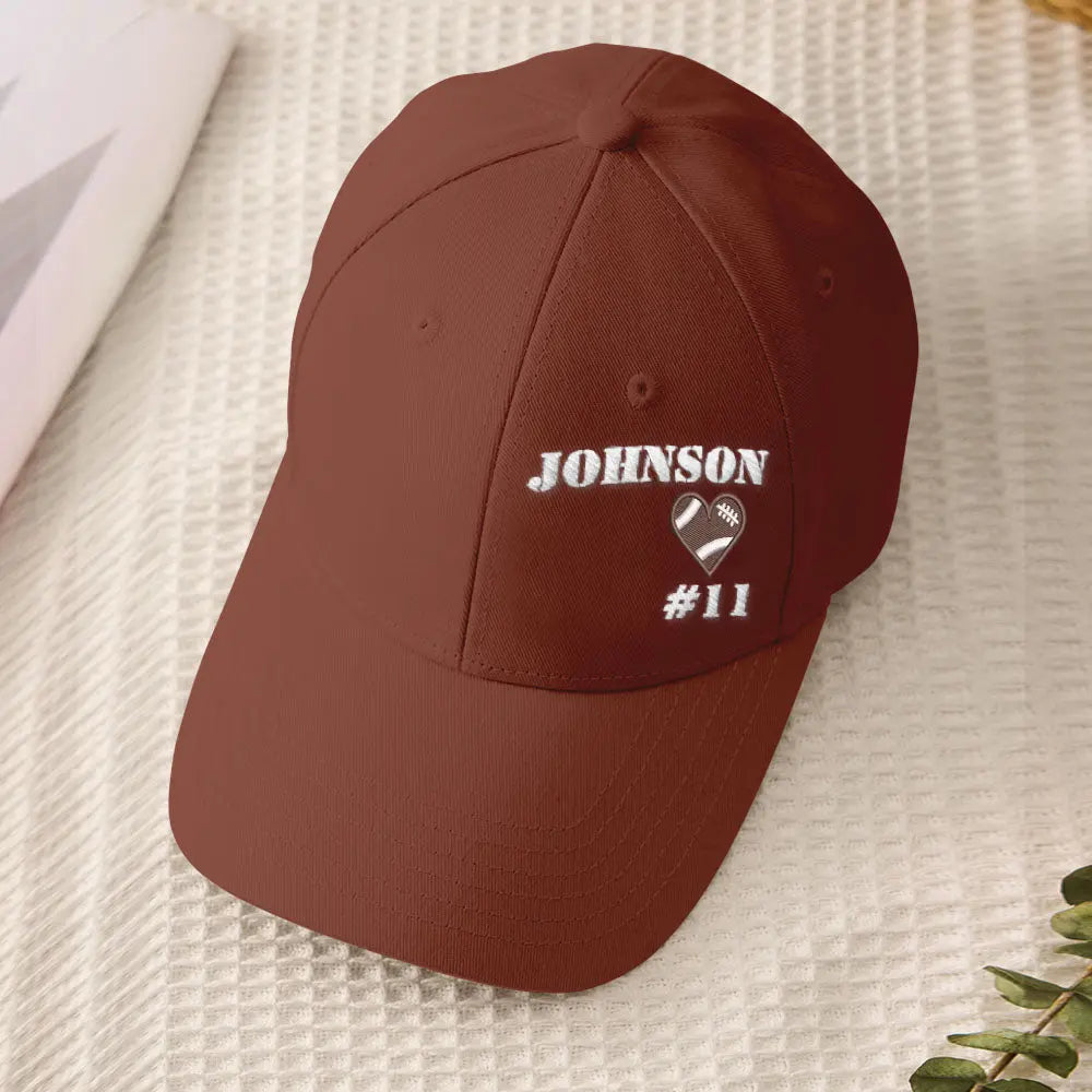 Detail of curved brim and quality stitchwork on a personalised football team cap — durable polyester custom baseball hat