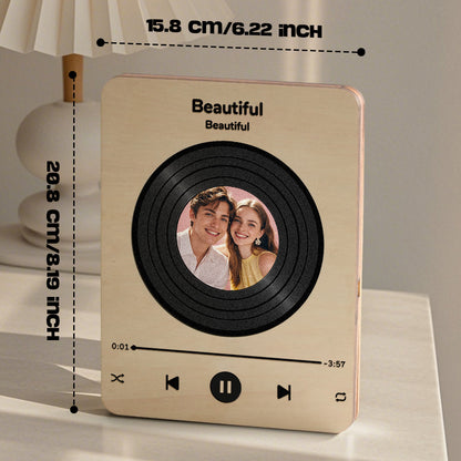 Personalised wooden music record player shown on bedside table — thoughtful personalised anniversary gift