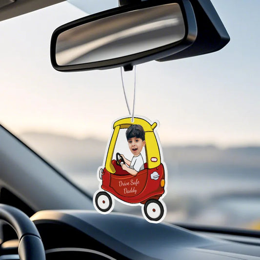 Close-up of the felt air freshener showing its soft texture and clear personalised text.