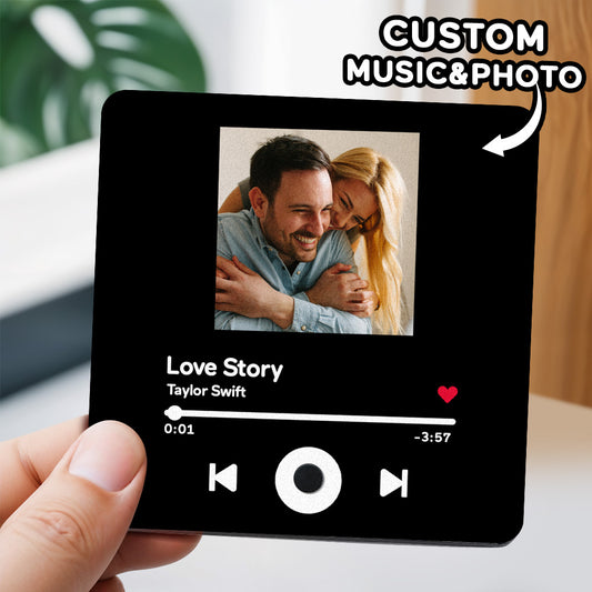Personalised music fridge magnet — square acrylic custom photo magnet that plays a chosen song when the fridge door opens, USB Type‑C rechargeable