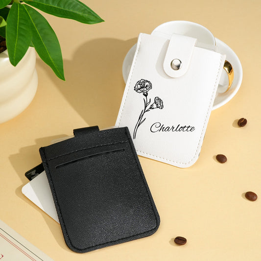 Personalised birth flower mini card wallet with name in PU leather, floral print and pull-out card holder — gift for her