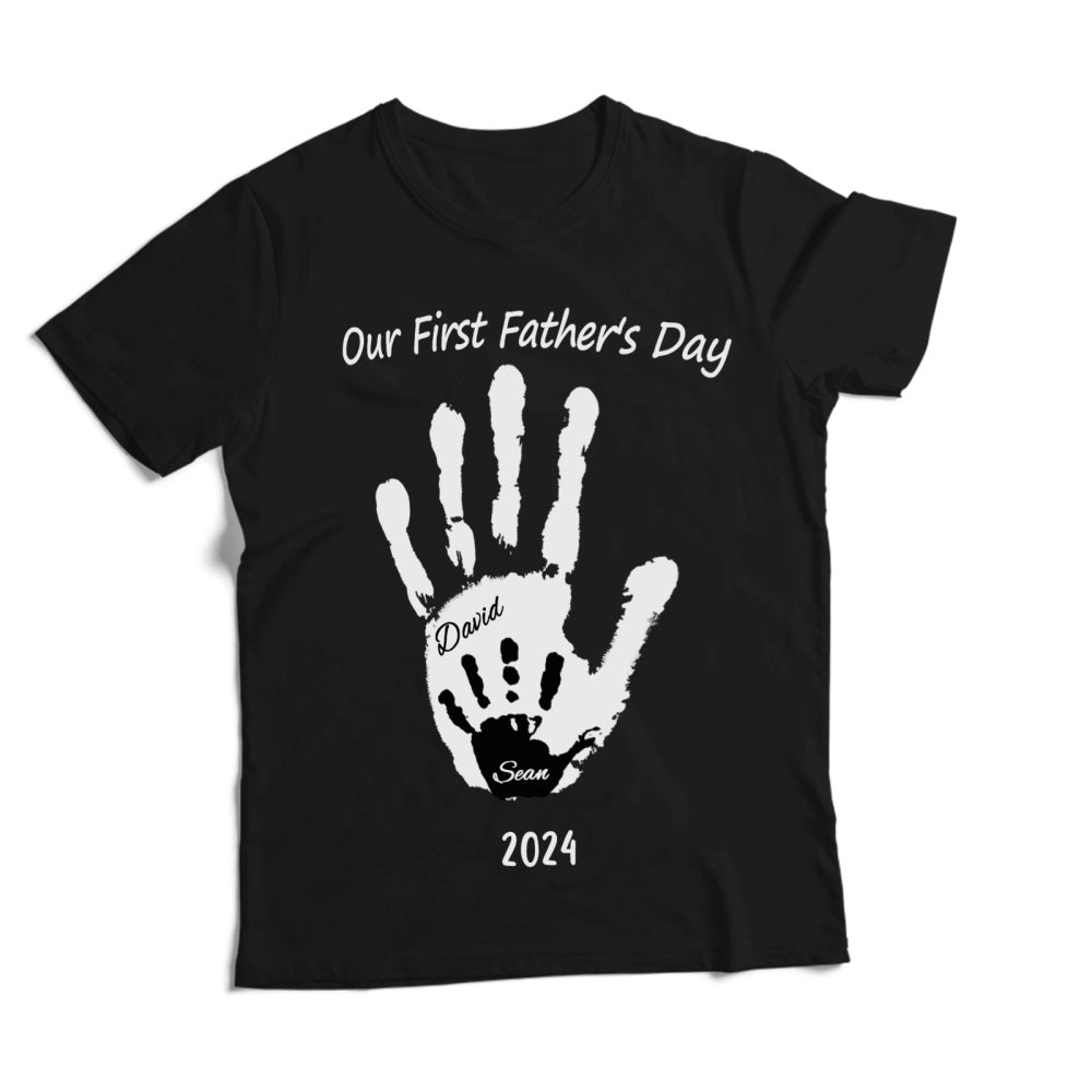 Father and baby wearing matching personalised handprint outfits — perfect matching father and baby set and first Father's Day keepsake