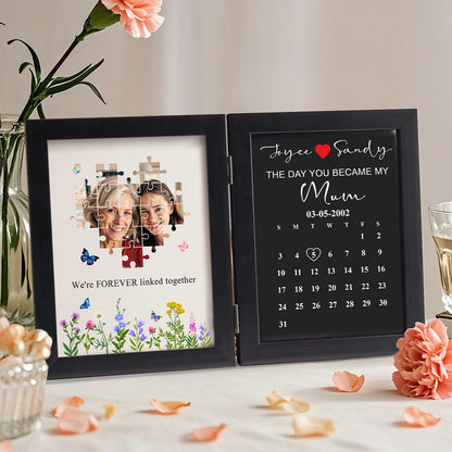 Rear view showing easel stand and durable backing of personalised puzzle photo frame — custom photo frame gift for mum