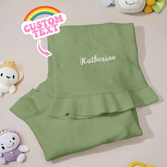 Personalised knitted baby blanket with embroidered name in soft cotton, 75cm x 95cm.