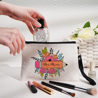 Personalised floral canvas make-up bag with name, ideal small gift for women and teachers