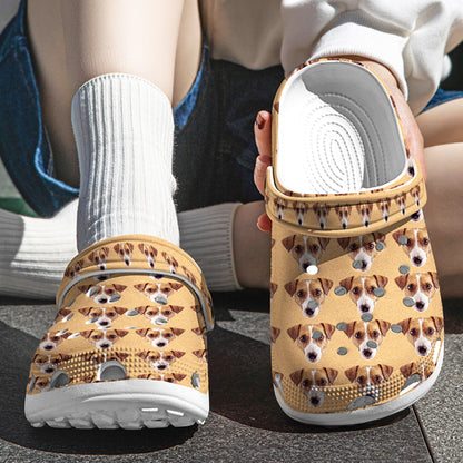 Top-angle view of personalised funny pet face clogs showing bespoke pet face design and printed name — lightweight rubber custom slippers for pet owners