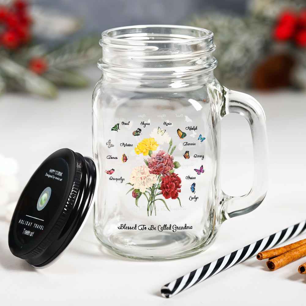 Personalized Birth Butterfly Bouquet Mason Jar with Handle Lid and Straw Birthday Gift for Mom Grandma