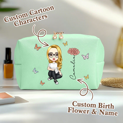 Personalised birth flower make-up bag in pink PU leather with custom name — personalised cosmetic bag gift for her