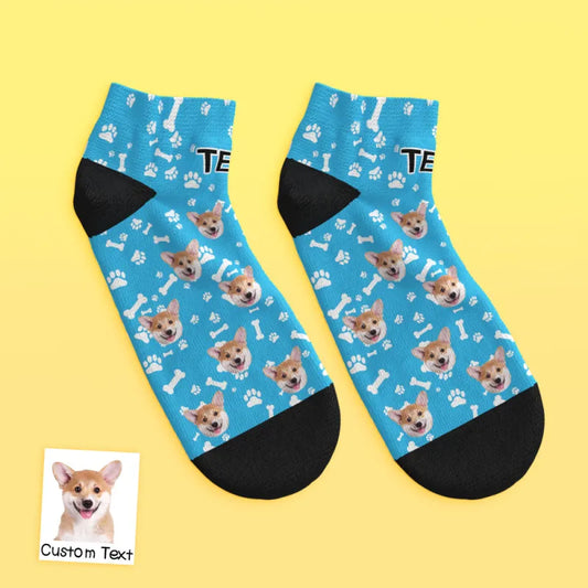 Custom dog face low-cut ankle socks flat-lay — personalised pet socks with clear dog photo
