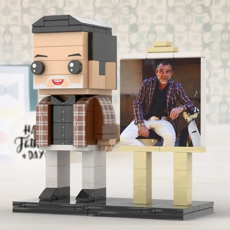 Collection of framed custom brick figure examples — personalised photo gifts ideal for birthdays, Father's Day and memorials