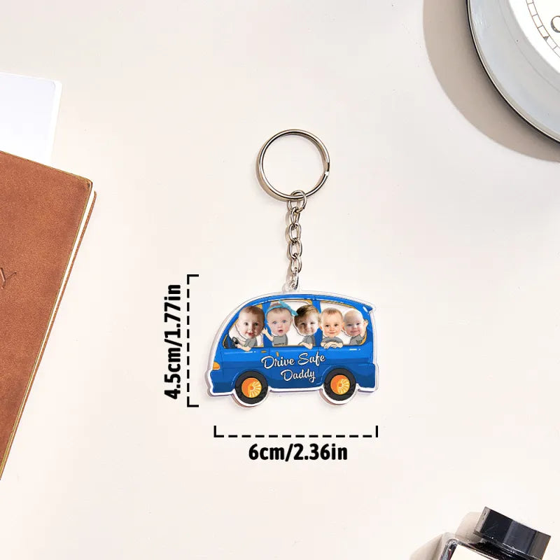 High-resolution close-up of personalised engraving and acrylic colour finishes — custom 'Drive Safe' car keychain for fathers