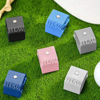 Assorted coloured 3D printed hat clips displaying custom text and symbols — personalised golf accessories for golfers