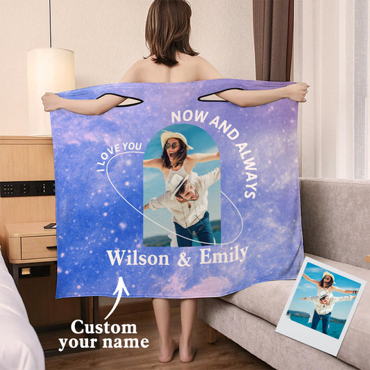 Personalised Bath Towel Dress — front view of custom starry sky spa bathrobe with secure shoulder strap, soft anti-pilling flannel wearable towel